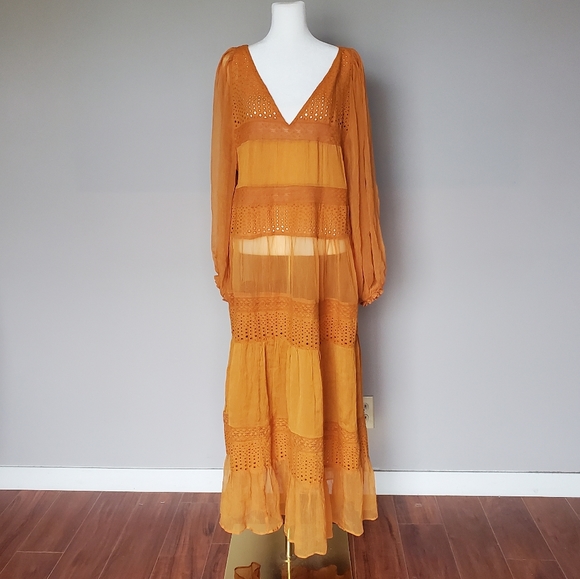 Sundance Adore Moi Dress Boho Lagenlook Maxi Mixed-Media Eyelet in Honey Size L - Picture 8 of 8